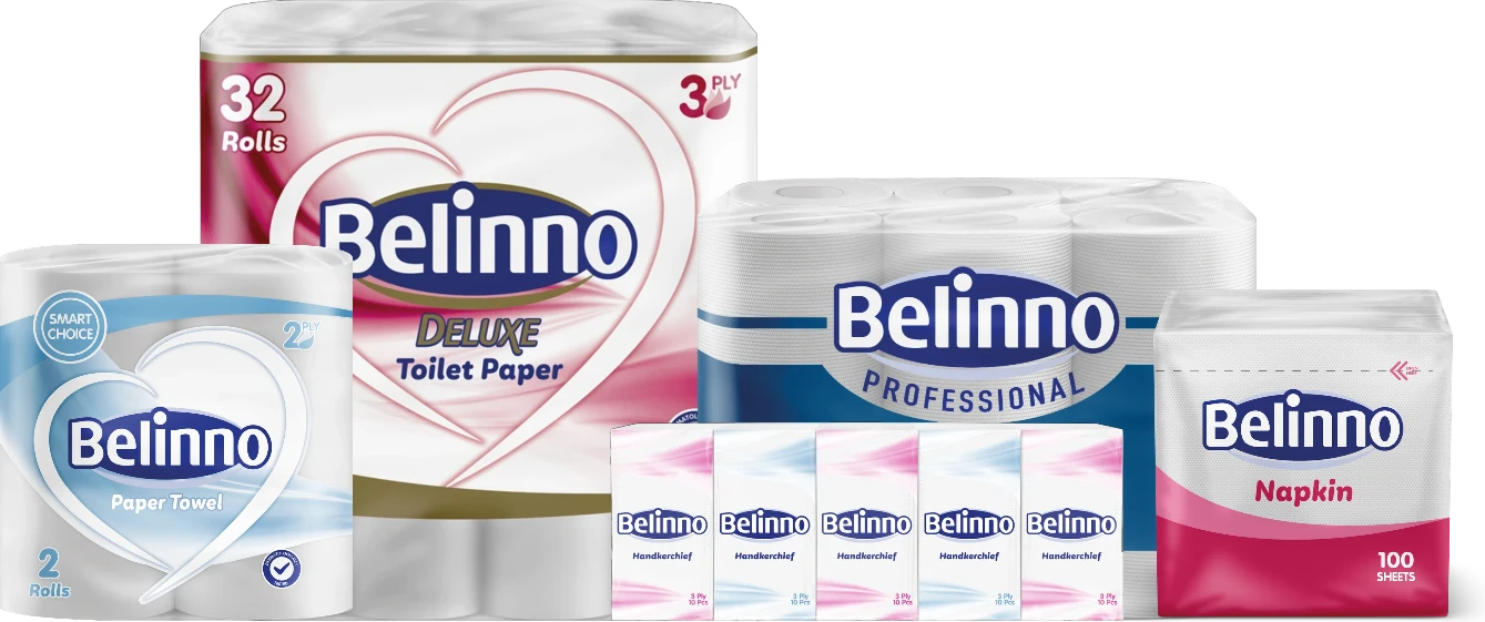 Асортимент Belinno: туалетний папір, паперові рушники, серветки та носові хустинки